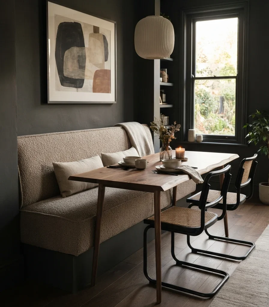9. Introduce a Mushroom Bouclé Bench for Softness
