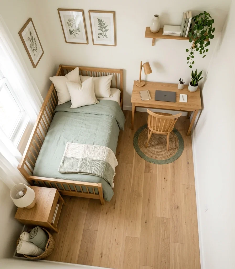 9. L-Shaped Zoning: Desk on one wall, Bed on the Other