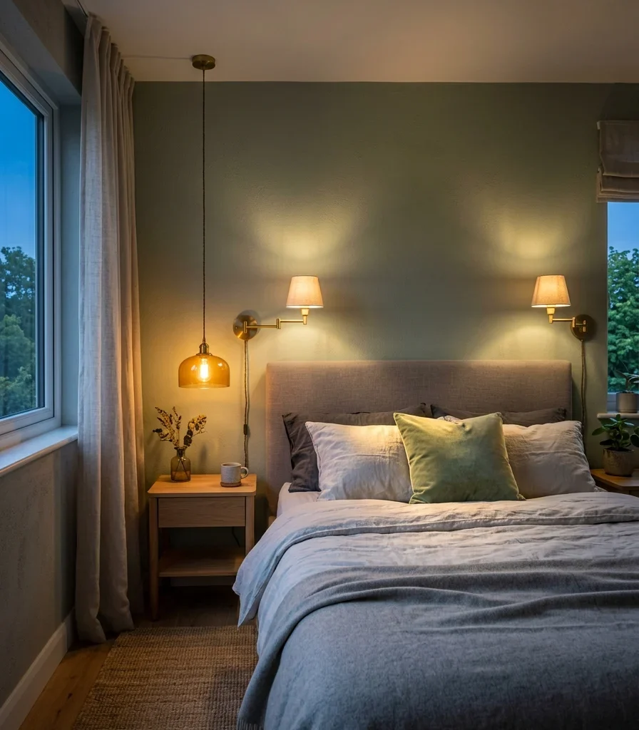9. Layered Nightstand and Reading Lights for Evening Calm