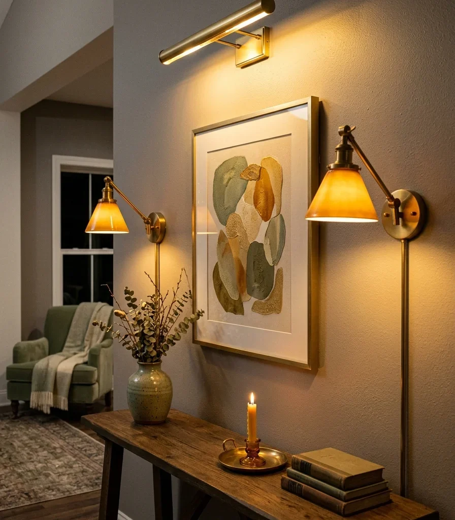 9. Layered Picture Lights and Dimmable Sconces