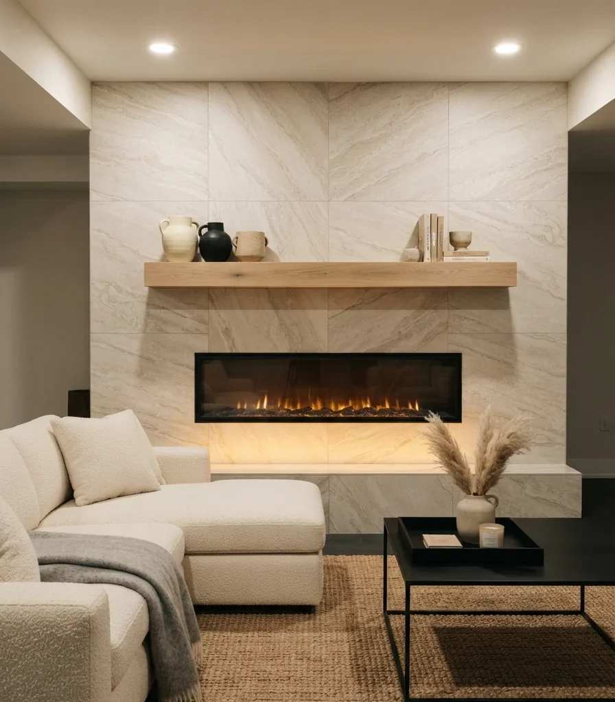 9. Pair Modern Furniture with a Textured Stone-Look Fireplace