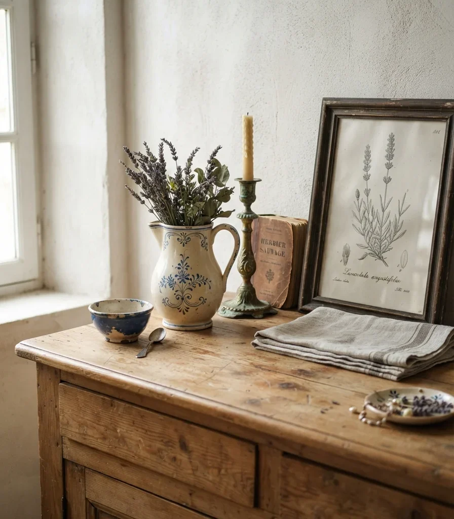 9. Style a Weathered Dresser With Ceramic Pieces
