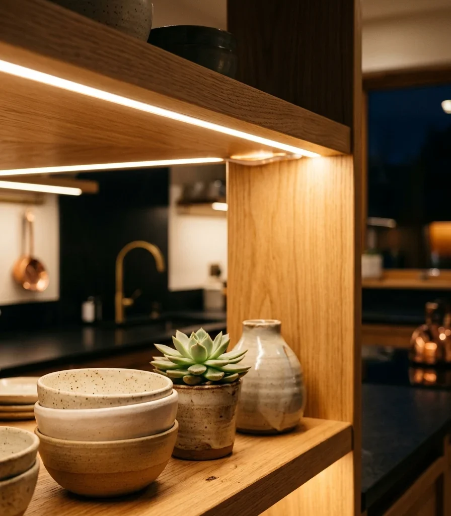 9. Under-Shelf LED Strip on Open Shelving Dividers