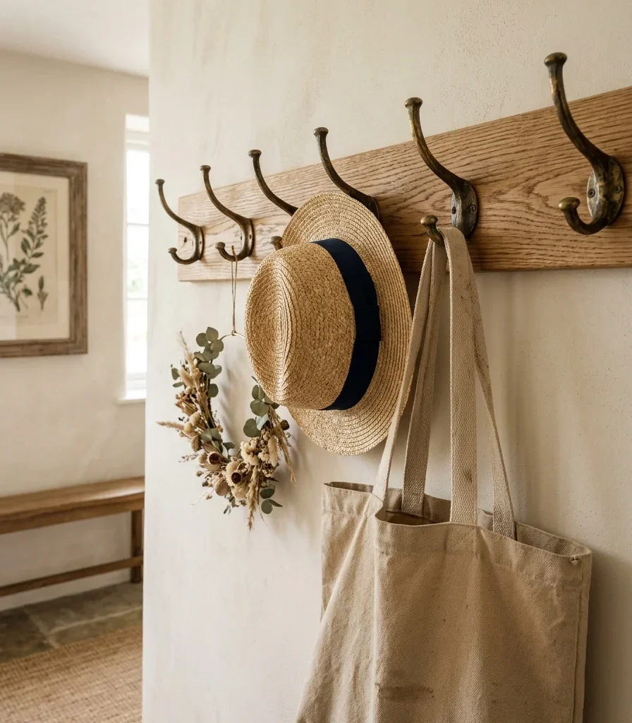9. Wall-Mounted Peg Rail with Vintage Hooks