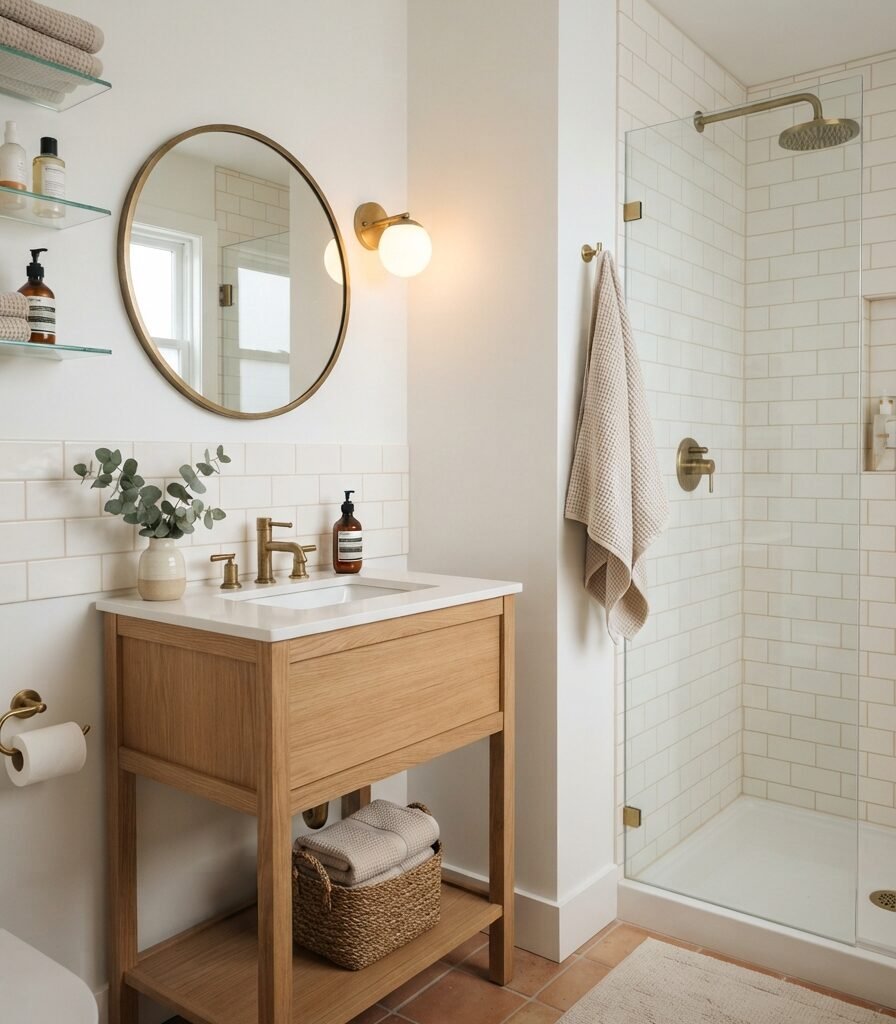 13. White Heron and Warm Oak in a Compact Bathroom