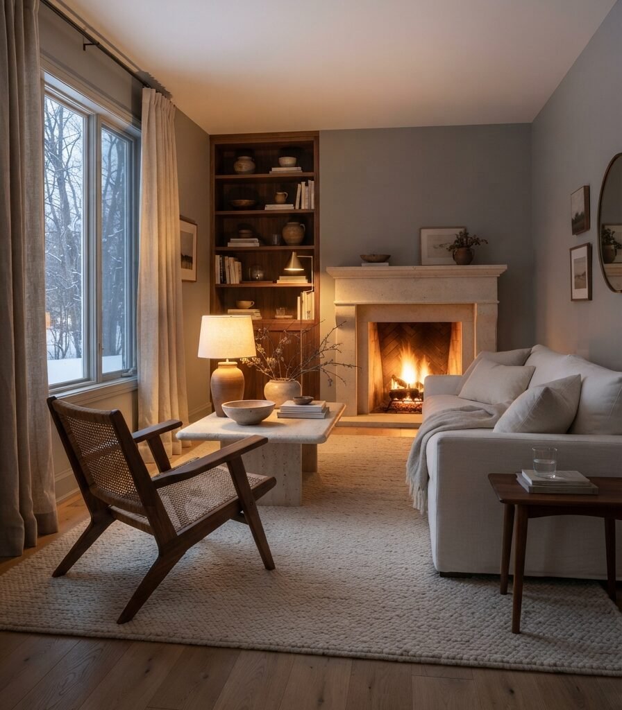 15. Classic Gray and Natural Stone for a Soft Winter Retreat
