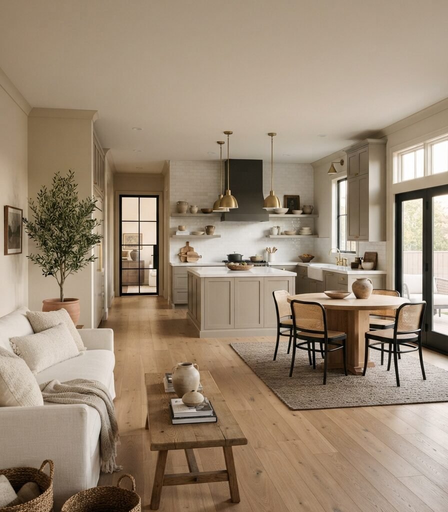 16. Accessible Beige with a Tonal Greige Open-Plan Palette